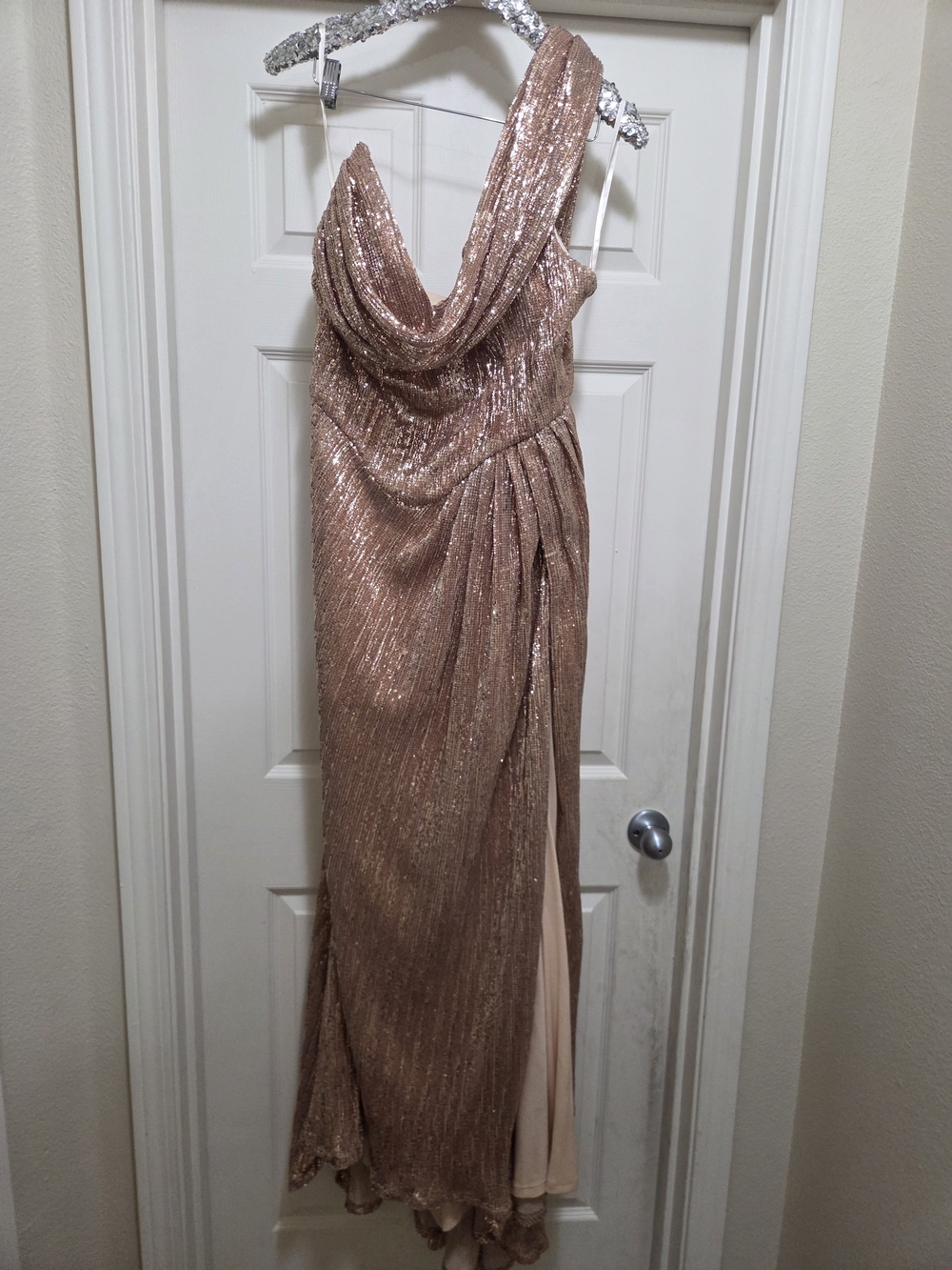 Cinderella One-Shoulder Shimmering Rose Gold Gown
